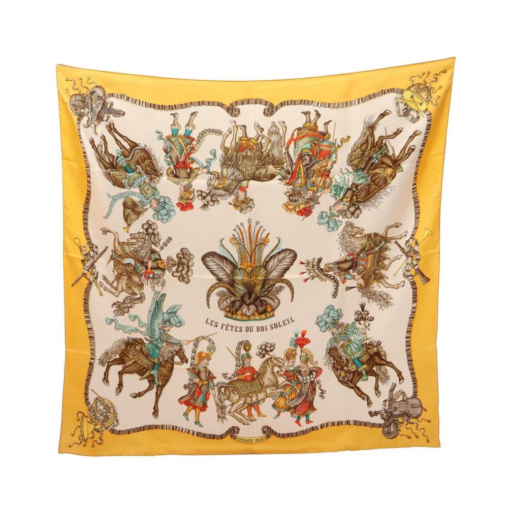 Hermes Carre 90 LES FETES DU ROI SOLEIL Scarf/Muffler, Silk, Women's, Ivory/Y...